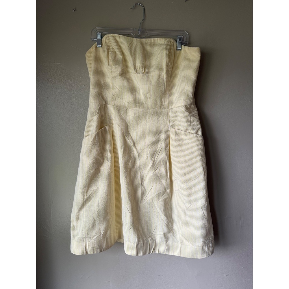 Lilly Pulitzer Yellow Seersucker Strapless Mini Dress Pockets Stripe Womens 14